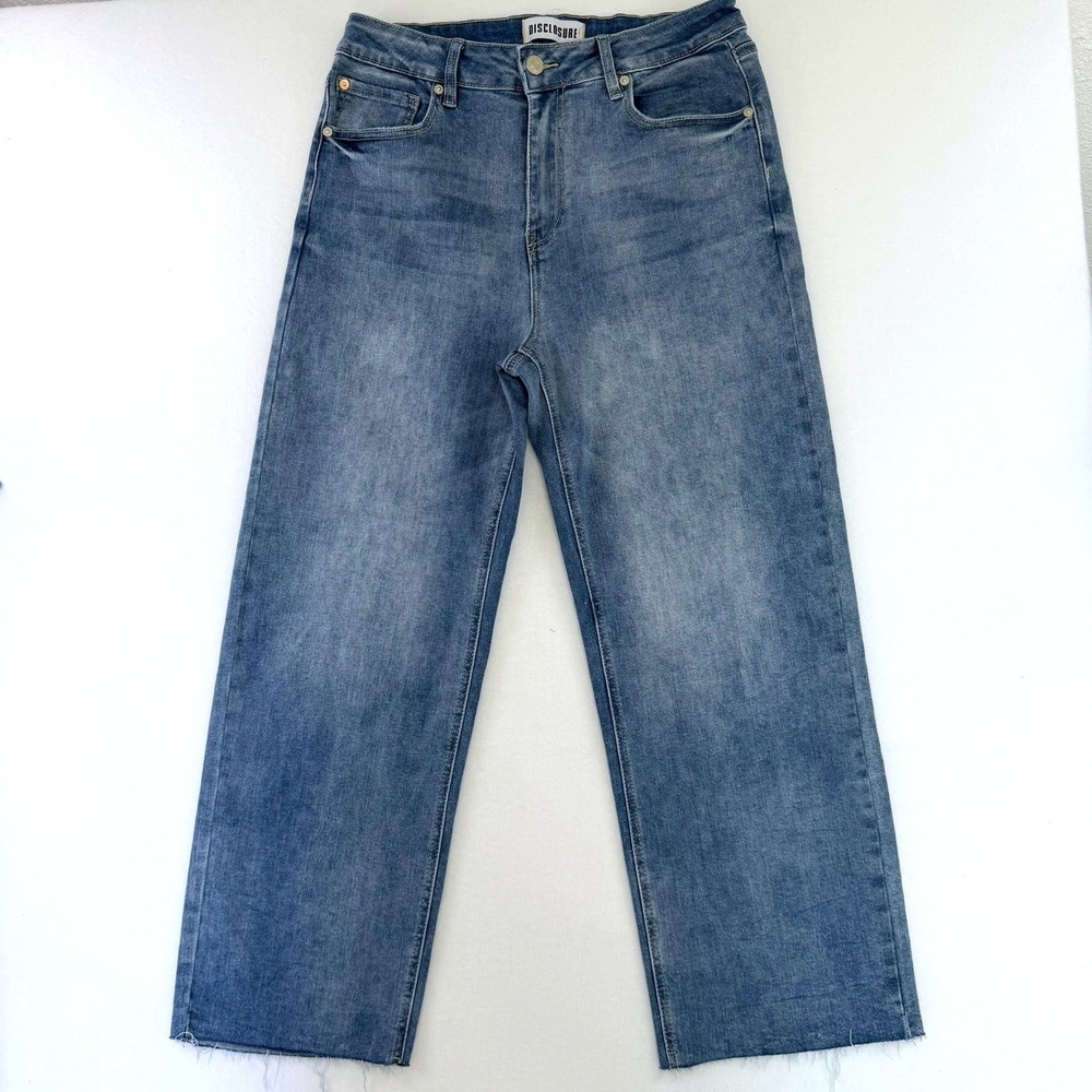 Disclosure Womens High Rise Wide Leg Jeans Medium Wash Raw Hem Straight Leg 30